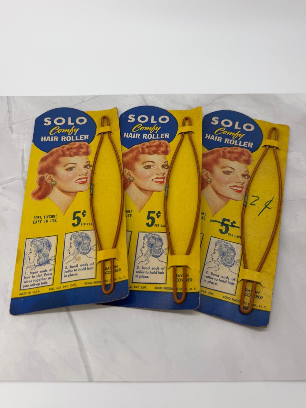 3 Vintage 1940s SOLO Comfy Hair Rollers NOS 5¢ Cards Victory Rolls USA